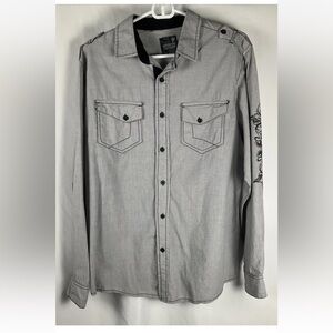 Modern Culture  Men’s Size‎ LGray/Black Fleur Wings Button Up LS Shirt Slim Fit